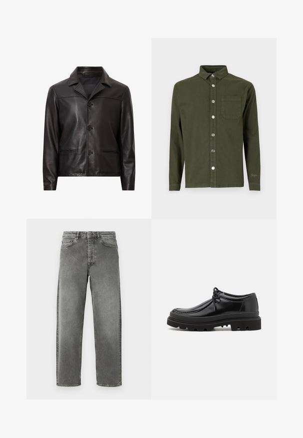 Veste en cuir noir avec col, fermeture à boutons sur le devant et deux poches latérales. Texture lisse et design ajusté avec une coupe moderne.; Denim Project DPMDPSTITCH DETAIL DENIM SHIRT - Chemise - duffel bag green; Jeans en denim gris avec une coupe droite, style cinq poches et décoloration légère. Dotés d'une fermeture à bouton et de passants de ceinture à la taille.; Chaussures derby en cuir noir au design élégant, bout rond et semelle en caoutchouc texturé avec des rainures profondes pour une meilleure traction.