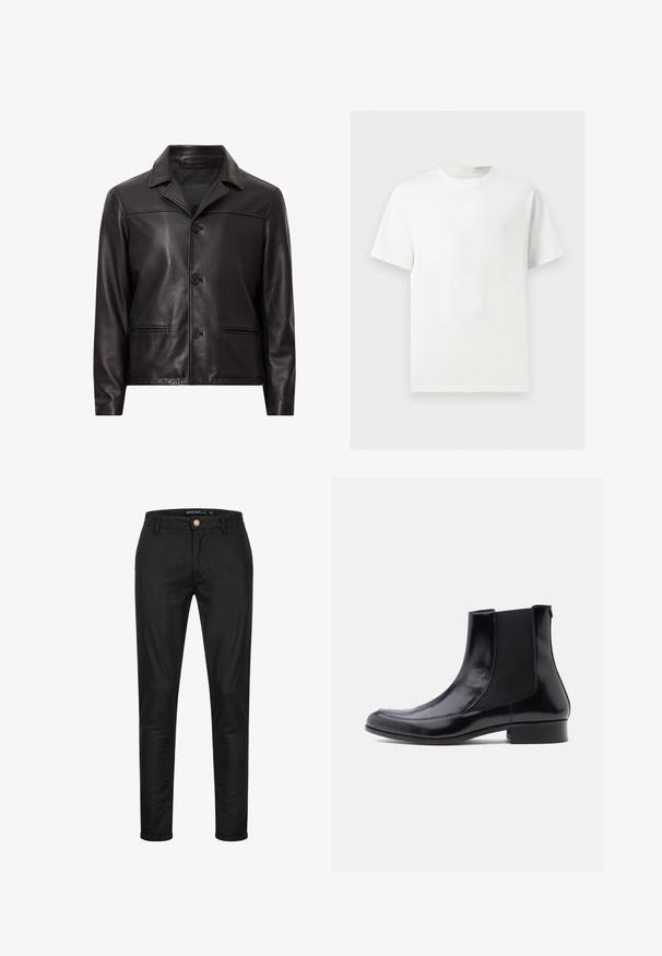 Veste en cuir noir avec col, fermeture à boutons sur le devant et deux poches latérales. Texture lisse et design ajusté avec une coupe moderne.; T-shirt blanc uni à manches courtes et col rond présenté sur un fond gris clair.; Pantalon noir décontracté à coupe slim, fabriqué en tissu coton, doté d'une fermeture à bouton à l'avant, de passants de ceinture et de poches latérales.; Bottines en cuir noir avec panneaux élastiques sur les côtés, une texture lisse, un bout arrondi et un petit talon bloc. Design simple et élégant avec des coutures minimales.