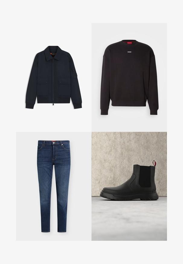 Veste bomber bleu marine avec fermeture éclair à l'avant, deux poches à boutons-pression, poignets et ourlet côtelés, et une poche zippée sur la manche gauche.; Sweatshirt noir en mélange de coton, avec un col rond, des épaules tombantes et un petit logo blanc "HUGO" sur la poitrine.; Jean slim bleu foncé avec poches avant, passants de ceinture, fermeture par bouton et légère décoloration sur les cuisses et les genoux.; Bottines noires avec une finition lisse, des panneaux latéraux élastiques et une languette rouge contrastante, présentant une semelle en caoutchouc épaisse et un bout arrondi.