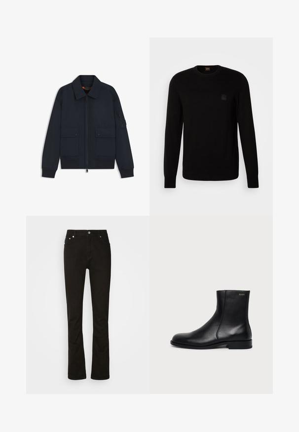 Veste bomber bleu marine avec fermeture éclair à l'avant, deux poches à boutons-pression, poignets et ourlet côtelés, et une poche zippée sur la manche gauche.; Pull en maille noir à manches longues, col rond, avec un petit patch en relief sur la poitrine. Texture lisse sur l'ensemble.; Jeans en denim noir au design droit, avec poches avant, braguette zippée et accents en métal argenté. Texture lisse, sans motifs.; Bottine en cuir noir à talon bas, couture latérale et petit logo "HUGO" sur le revers supérieur sur un fond uni.