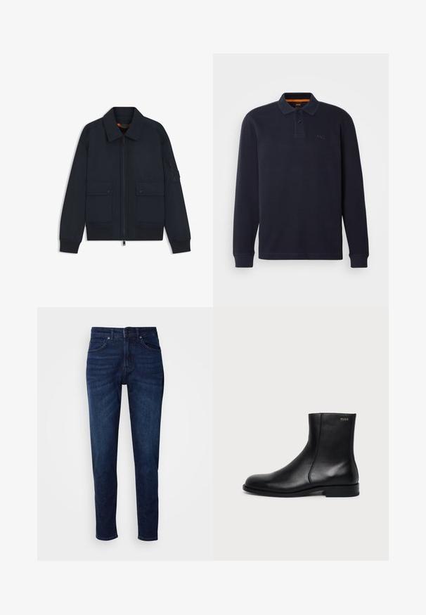 Marineblauw bomberjack met ritssluiting aan de voorkant, twee zakken met drukknoop, geribbelde manchetten en zoom, en een zak met rits op de linkermouw.; Marineblauwe longsleeve polo-shirt van gestructureerde stof met een knoopsluiting bij de hals. Bevat een klein geborduurd logo op de borst.; Donkerblauwe denim jeans met een rechte pijpdesign, voorzien van zakken en een knoopsluiting bij de taille. Zachte textuur, minimale vervagingdetails.; Zwarte leren enkellaars met lage hak, zijstiksels en klein "HUGO" logo op de bovenste boord tegen een effen achtergrond.