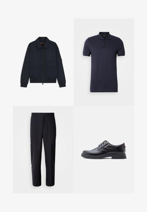 Veste bomber bleu marine avec fermeture éclair à l'avant, deux poches à boutons-pression, poignets et ourlet côtelés, et une poche zippée sur la manche gauche.; Polo en bleu marine en coton, avec un col plat, une patte de boutonnage à trois boutons et un logo brodé sur la poitrine. Manches courtes.; Pantalons bleu marine foncé en tissu lisse, présentant une coupe droite, deux poches latérales et une fermeture à bouton à la taille.; Chaussures en cuir noir à lacets avec une texture lisse, un bout arrondi et des détails de couture discrets. Présentent une languette rouge à l'arrière.