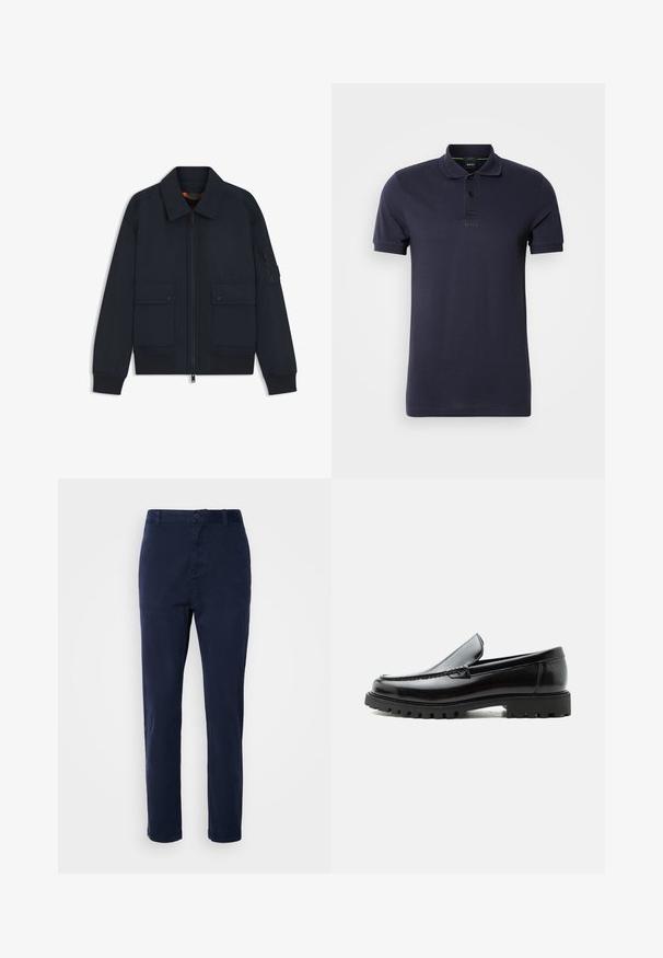 Marineblauw bomberjack met ritssluiting aan de voorkant, twee zakken met drukknoop, geribbelde manchetten en zoom, en een zak met rits op de linkermouw.; Marineblauwe polo van katoen, met een platte kraag, een drukknoopsluiting met drie knopen en een geborduurd logo op de borst. Korte mouwen.; Marineblauwe chinos gemaakt van lichtgewicht stof, met een recht toe-gevoegde ontwerp, drukknopsluiting en zijzakken. Glad van textuur zonder patronen.; Zwarte leren loafer met dikke rubberen zool, gestikte bovenkant en gegraveerde merknaam op de hiel, zijaanzicht op witte achtergrond.