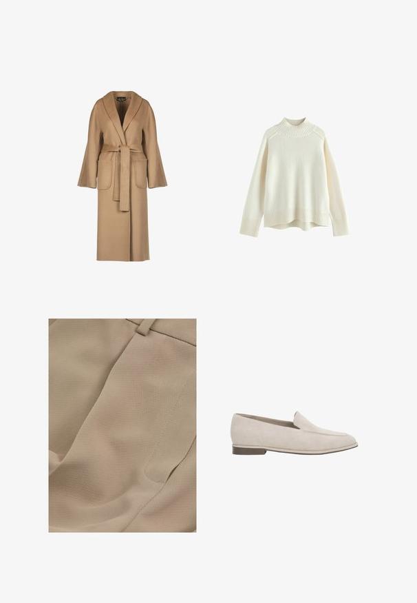 Beige, lange wollen jas met een ceintuur in de taille, wijde mouwen, grote zakken en een sjawlboord. Gladde textuur met een eenvoudig ontwerp.; Crèmekleurige trui met een geribbelde hoge hals, lange mouwen en een relaxte pasvorm. Getextureerde gebreide stof en geribbeld zoomdetail aan de onderkant.; Reiss PETITE FIT - EDEN ELASTICATED WAIST WIDE - Broek - mink neutral; Beige suède instapper loafer met lage hak, puntige neus en minimale stiksel details aan de bovenzijde.