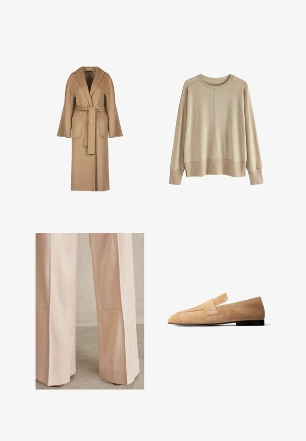 Beige, lang uldfrakke med bælte i taljen, vide ærmer, store lommer og sjalskrave. Glat tekstur med et enkelt design.; Beige strikket sweater med en afslappet pasform, ribbede manchetter og kant, rund halsudskæring og dropped shoulders. Blød tekstur med minimale sømme.; Lyserøde, vide bukser i et struktureret stof med sømdetaljer og en ren afslutning i kanten. Velegnede til både afslappet og formelt brug.; Lysebrun ruskindsløs loafer med en lav sort hæl og en bred remdetalje tværs over toppen, vist i sideprofil på hvid baggrund.
