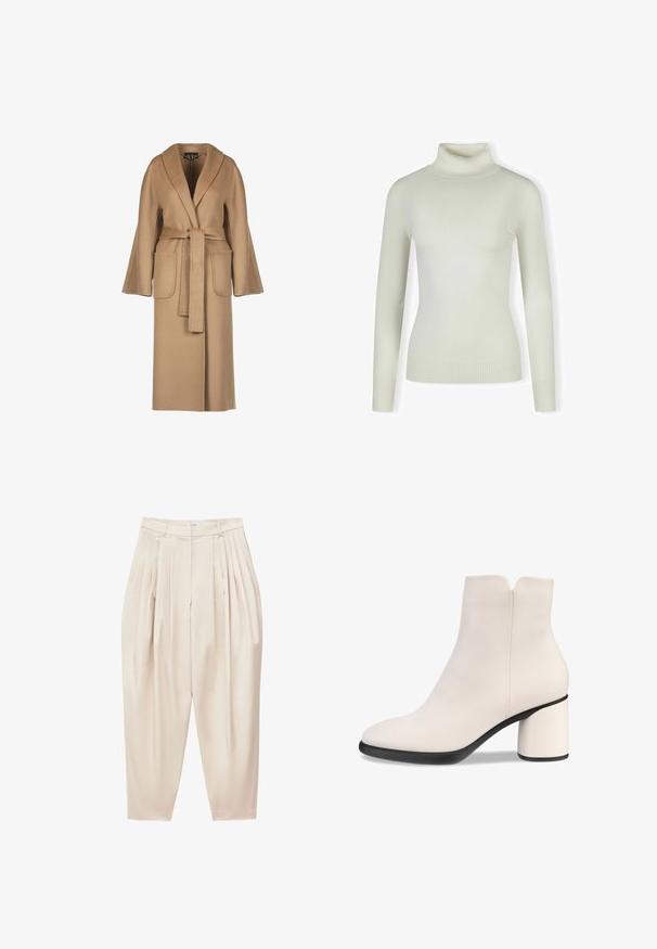 Abrigo de lana largo beige con cintura ceñida por un cinturón, mangas anchas, grandes bolsillos y cuello tipo chal. Textura suave con un diseño sencillo.; Suéter de cuello alto en color crema claro, confeccionado en un material suave y acanalado; diseño ajustado con mangas largas y dobladillo texturizado. Sin patrones ni adornos.; Pantalones plisados beige de talle alto con piernas cónicas y cierre frontal de cremallera.; ECCO SCULPTED LX 55 - Botines - white