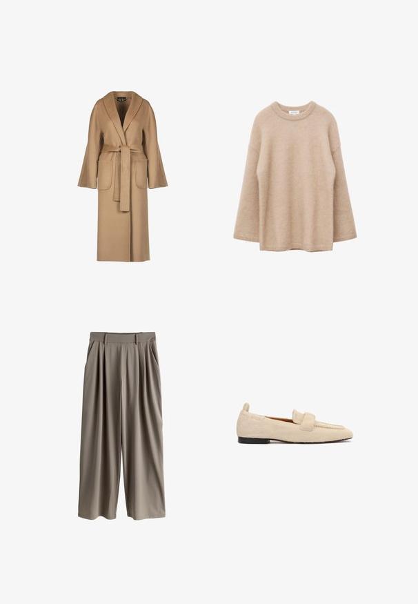 Beige, lang uldfrakke med bælte i taljen, vide ærmer, store lommer og sjalskrave. Glat tekstur med et enkelt design.; Beige langærmet sweater med rund hals, blød og fnugget tekstur og løs pasform, vist mod en hvid baggrund.; Beige bukser med vide ben, læg, bæltestropper og sidelommer, designet til en afslappet pasform.; Beige flad loafer med en tekstureret, pelslignende overflade, sort sål og en bred rem tværs over skoens øverste del.