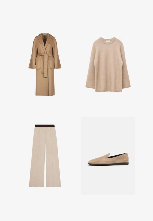 Beige, lange wollen jas met een ceintuur in de taille, wijde mouwen, grote zakken en een sjawlboord. Gladde textuur met een eenvoudig ontwerp.; Beige trui met lange mouwen, ronde hals, zachte, pluizige textuur en een losse pasvorm, weergegeven tegen een witte achtergrond.; Beige broek met wijde pijpen en een donkerbruine elastische tailleband, met subtiele verticale naaddetails.; Beige suède instapper loafer met zwarte zool, lage hak en afgeronde neus, zijaanzicht op witte achtergrond.