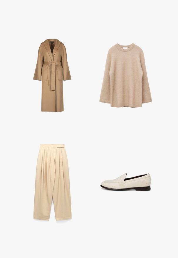 Beige, lange wollen jas met een ceintuur in de taille, wijde mouwen, grote zakken en een sjawlboord. Gladde textuur met een eenvoudig ontwerp.; Beige trui met lange mouwen, ronde hals, zachte, pluizige textuur en een losse pasvorm, weergegeven tegen een witte achtergrond.; Beige, broek met hoge taille en wijde pijpen, voorzien van plooien aan de voorkant en zijzakken, gemaakt van lichtgewicht stof.; Witte leren instaploafer met een donkere zool, stikdetails en een band over de bovenzijde op een effen achtergrond.