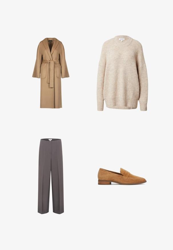 Beige, lange wollen jas met een ceintuur in de taille, wijde mouwen, grote zakken en een sjawlboord. Gladde textuur met een eenvoudig ontwerp.; Beige gebreide trui met een ronde hals, verlaagde schouders en geribbelde manchetten en zoom. Heeft een gestructureerde, licht losse pasvorm.; Grijze wijde broek met een gladde textuur, met een platte voorkant en zonder zichtbare zakken, gemaakt van lichtgewicht stof.; Loafer van lichtbruine suède met een lage gestapelde hak en een brede riem over het wreef, zijaanzicht tegen een witte achtergrond.