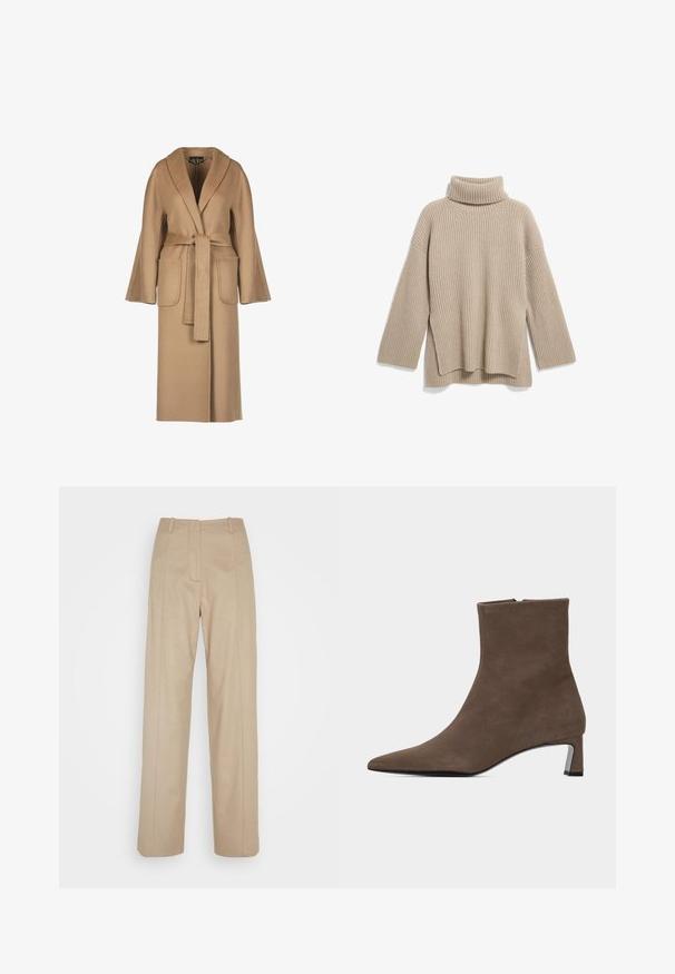 Beige, lang uldfrakke med bælte i taljen, vide ærmer, store lommer og sjalskrave. Glat tekstur med et enkelt design.; Beige rillede turtleneck sweater med en afslappet pasform, der har lange ærmer og en sideslidskant, lavet af et blødt, tekstureret strikstof.; Calvin Klein TAILORED STRAIGHT PANT - Bukser - cinder; Brun ruskindsankelstøvle med spids tå, sidelukning med lynlås og lav blokhæl på ensartet lys baggrund.