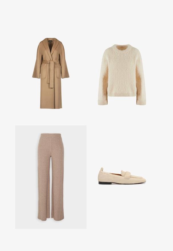 Abrigo de lana largo beige con cintura ceñida por un cinturón, mangas anchas, grandes bolsillos y cuello tipo chal. Textura suave con un diseño sencillo.; Suéter de punto color crema con escote redondo, mangas largas y un acabado suave y texturizado. Puños y dobladillo acanalados para mayor estructura.; Pantalones de pierna ancha de canalé en color beige con una cinturilla alta y textura suave, que presentan un corte holgado y sin cierres visibles.; Mocasín plano beige con superficie texturizada similar a piel de animal, suela negra y una amplia correa sobre la parte superior del zapato.