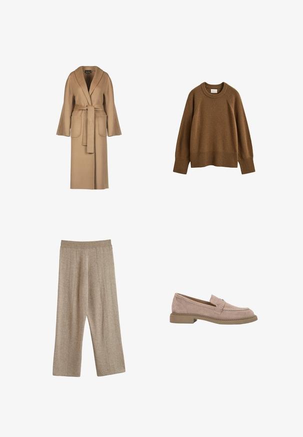 Beige, lange wollen jas met een ceintuur in de taille, wijde mouwen, grote zakken en een sjawlboord. Gladde textuur met een eenvoudig ontwerp.; Bruine gebreide trui met lange mouwen en ronde hals, met geribde boorden en zoom, plat uitgespreid op een witte achtergrond.; Beige gebreide broek met wijde pijpen, elastische tailleband en verticale naaddetails aan de voorkant van elk been.; Beige suède loafer met gestikte details en een platte rubberen zool, ontworpen voor casual of formeel gebruik.