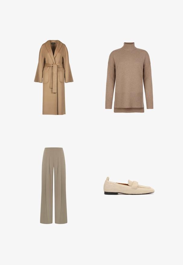 Beige, lange wollen jas met een ceintuur in de taille, wijde mouwen, grote zakken en een sjawlboord. Gladde textuur met een eenvoudig ontwerp.; Bruine coltrui gemaakt van zacht gebreid materiaal, met geribbelde details aan de kraag en zoom, een ontspannen pasvorm en een gelaagd ontwerp.; Beige broek met hoge taille en wijde pijpen met plooien aan de voorkant, ontworpen voor een losse en ontspannen pasvorm.; Beige platte loafer met een gestructureerd, bontachtig oppervlak, zwarte zool en een brede band over het bovenste deel van de schoen.