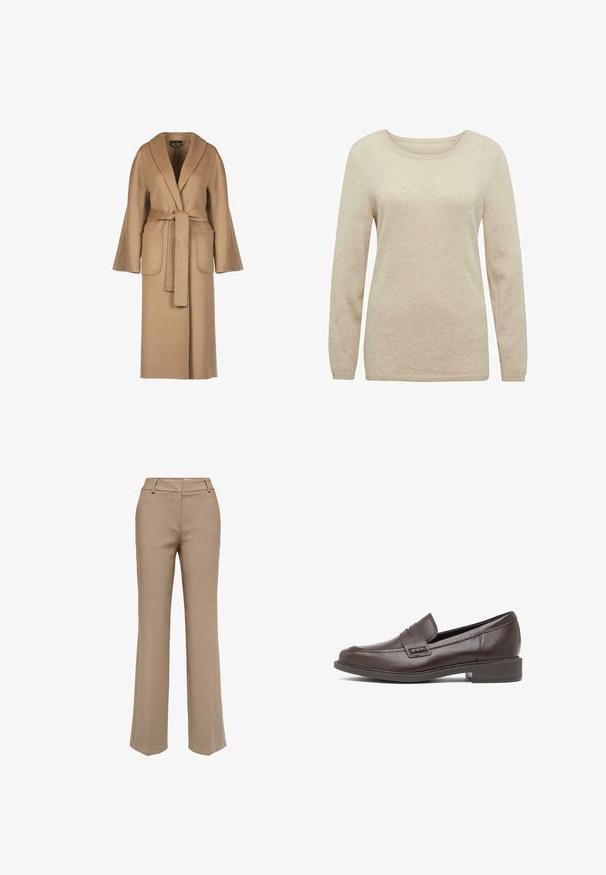 Beige, lange wollen jas met een ceintuur in de taille, wijde mouwen, grote zakken en een sjawlboord. Gladde textuur met een eenvoudig ontwerp.; Beige lange mouwen sweater met een ronde hals. Zachte textuur, geribbelde mouwen en zoom. Eenvoudig ontwerp zonder patronen of accenten.; Beige rechte broek met riemlussen en een rits aan de voorkant, afgebeeld op een witte achtergrond.; Donkerbruine leren loafer met lage hak, gestikte details en een riem over de bovenkant, zijaanzicht op een witte achtergrond.