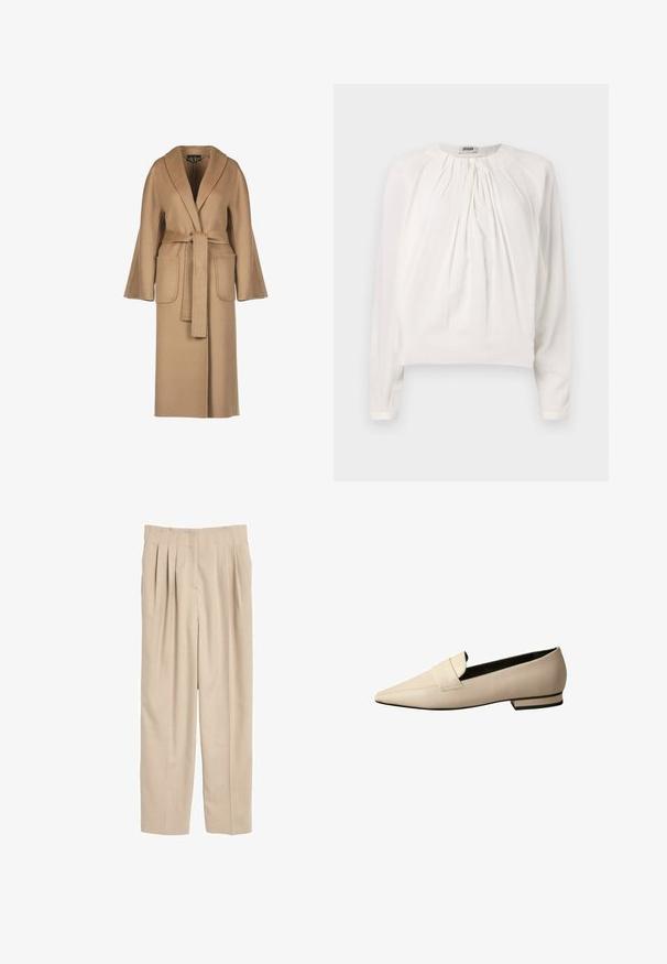 Abrigo de lana largo beige con cintura ceñida por un cinturón, mangas anchas, grandes bolsillos y cuello tipo chal. Textura suave con un diseño sencillo.; Blusa blanca de manga larga con cuello redondo y delantero plisado. Tela suave y lisa con un corte holgado y detalle de botones en el cuello.; Pantalones de tela ligera, plisados y en color beige. Presentan un corte recto, cinturilla con detalle de costura y sin bolsillos visibles.; Mocasines de cuero beige con punta afilada, que presentan una amplia correa en el empeine y un tacón bajo apilado con un acento negro.
