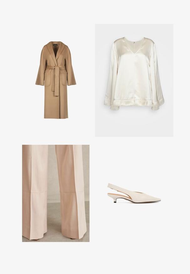 Abrigo de lana largo beige con cintura ceñida por un cinturón, mangas anchas, grandes bolsillos y cuello tipo chal. Textura suave con un diseño sencillo.; By Malene Birger EXCLUSIVE AVELAS - Blusa - pearl; Pantalones de pierna ancha en color rosa claro, con una tela texturizada, detalles de costura y un corte limpio en el dobladillo. Adecuados para uso casual o formal.; Zapato de tacón bajo tipo kitten con tira trasera en color crema, con punta afilada y tacón bajo curvado, mostrado de lado sobre un fondo blanco.