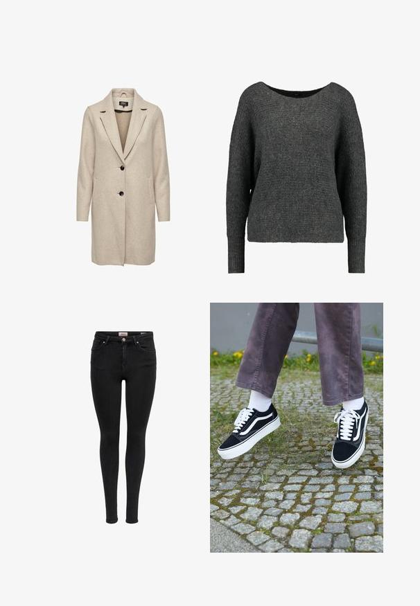 Beige uld-blend frakke med en skræddersyet design, med klapkrave, tre sorte knapper og to frontlommer. Lange ærmer og mellemlang længde.; Mørkegrå sweater lavet af et blødt, tekstureret stof. Har en bred halsudskæring og lange, ribbede ærmer med et afslappet snit.; Sorte skinny jeans med forlommer, bæltestropper og knaplukning, vist mod en hvid baggrund.; Sorte ruskinds sneakers med hvide accenter, med rund tå, tyk hvid sål og klassisk snørebåndsdesign, båret med hvide sokker og lilla bukser.