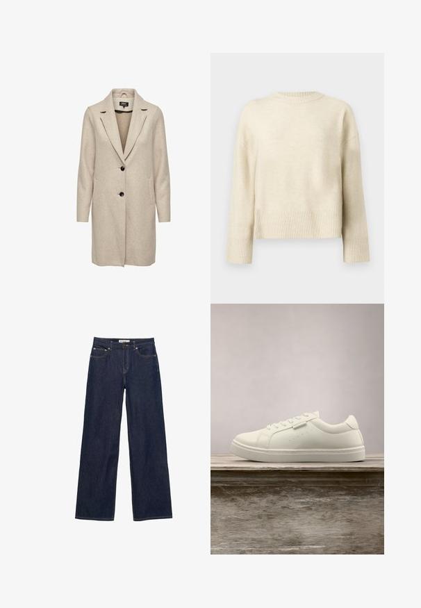 Beige uld-blend frakke med en skræddersyet design, med klapkrave, tre sorte knapper og to frontlommer. Lange ærmer og mellemlang længde.; Cremefarvet strikket sweater med lange ærmer, ribbede manchetter, kant og rund halsudskæring, præsenteret på en ensfarvet baggrund.; Mørkeblå denim jeans med brede, lige ben, forlommer og lukning med knap og lynlås.; Hvide lædersneakers med snørebånd svævende over en træbænk, grøn høj græs sløret i baggrunden udendørs.