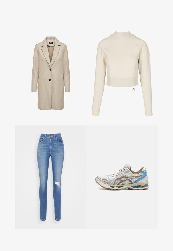 Beige uld-blend frakke med en skræddersyet design, med klapkrave, tre sorte knapper og to frontlommer. Lange ærmer og mellemlang længde.; Cremefarvet cropped sweatshirt med høj hals, lange raglanærmer og ribbet kant. Fremstillet af blødt, glat stof med et minimalistisk design.; Højtaljede blå jeans i en mellemtonet vask med en slim fit, distressed knæ med en revne, standard fem-lommemodel og lynlås.; Hvid og beige løbesko med blå accenter, netoverdel, polstret sål og snørelukning, vist fra ydersiden.