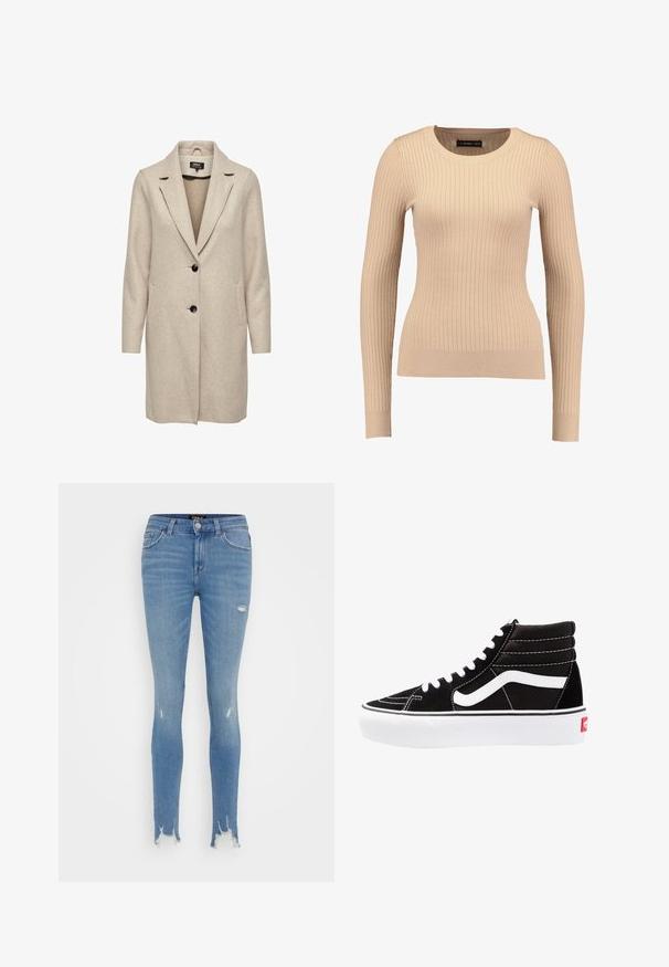 Beige uld-blend frakke med en skræddersyet design, med klapkrave, tre sorte knapper og to frontlommer. Lange ærmer og mellemlang længde.; Ribbet langærmet sweater i lys beige, lavet af strækbart stof. Har en rund halsudskæring og tætsiddende silhuet med ribbede manchetter.; Tynde blå denim jeans med slidte detaljer, der har en rå kant, fem lommer og en klassisk knaplukning i taljen.; Sorte høj-top sneakers med hvide snørebånd, et hvidt logo og kontrasterende hvid syning. Har en tyk hvid sål og struktureret ruskindsoverdel.