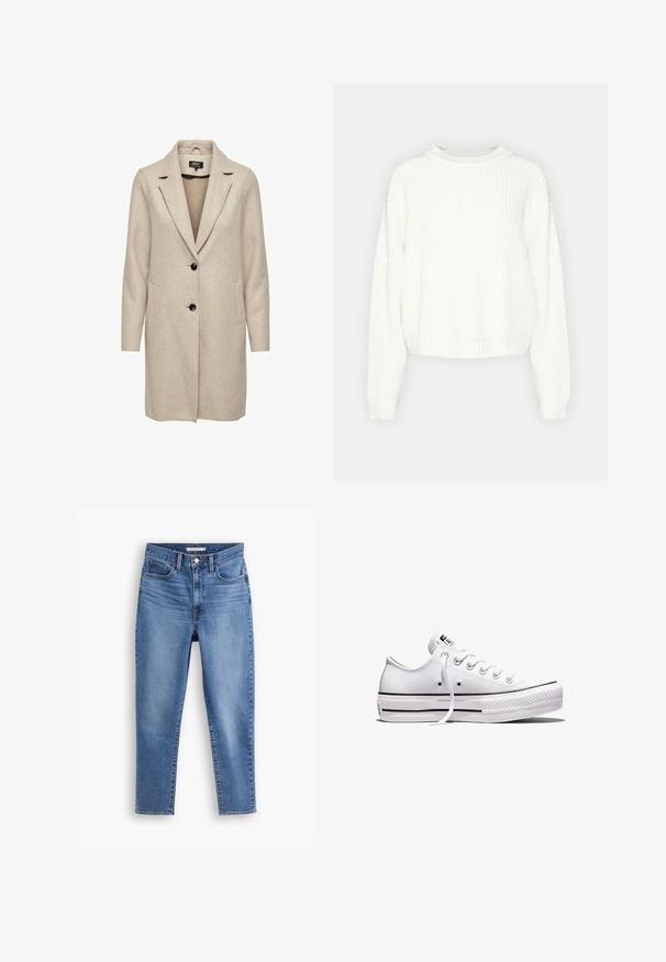 Beige uld-blend frakke med en skræddersyet design, med klapkrave, tre sorte knapper og to frontlommer. Lange ærmer og mellemlang længde.; Hvid, strikket sweater med rund hals, lange ærmer og en afslappet pasform. Har et tekstureret mønster samt ribbet kant og manchetter.; Blå højtaljede kvindejeans med frontknap og lynlåslukning, bæltestropper og fem-pockets design, flad på hvid baggrund.; Lavtop hvid lærredsneaker med hvide snørebånd, gummisål, sorte stribedetaljer og logo-patch på tungen og hælen.