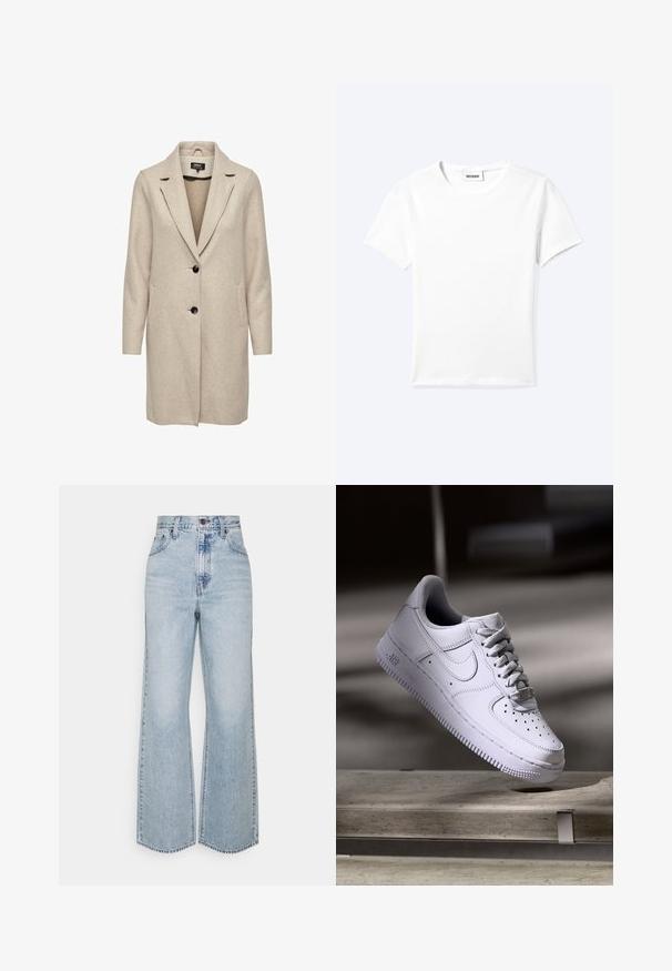 Beige uld-blend frakke med en skræddersyet design, med klapkrave, tre sorte knapper og to frontlommer. Lange ærmer og mellemlang længde.; Ensfarvet hvid t-shirt med korte ærmer og rund halsudskæring med en lille "WEEKDAY" label indeni halskanten, vist fladt på en lys baggrund.; Lysblå denim brede ben jeans med høj talje, klassisk fem-lomme design og kontrasterende syninger. Uslebne kanter i bunden.; Hvid Nike Air Force 1 sneaker svævende over en betonoverflade med skygger i et minimalistisk miljø.
