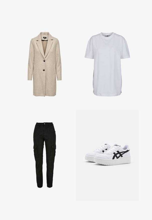 Beige uld-blend frakke med en skræddersyet design, med klapkrave, tre sorte knapper og to frontlommer. Lange ærmer og mellemlang længde.; Enkel hvid T-shirt med korte ærmer og rund hals, med en lige kant forneden og et lille synligt mærke inde i kraven.; Sorte cargobukser med høj talje, sidelommer med klapper, forlommer, bæltestropper, knaplukning og elastiske manchetter.; Hvide sneakers med en struktureret overflade, sorte sidestrek og en tyk hvid sål. Har snørebåndsdesign og logo på tungen.