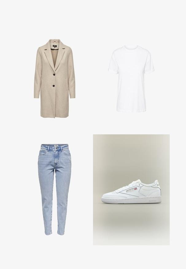 Beige uld-blend frakke med en skræddersyet design, med klapkrave, tre sorte knapper og to frontlommer. Lange ærmer og mellemlang længde.; Hvid bomulds t-shirt med korte ærmer, rund hals og en afslappet pasform, med en glat tekstur og uden synlige mønstre.; Lyseblå højtaljede slim-fit jeans med frontknap, lynlås og femlomme-design.; Hvid Reebok low-top sneaker med syningsdetaljer, perforeringer nær tæerne og Reebok-logo med et lille Union Jack på siden.