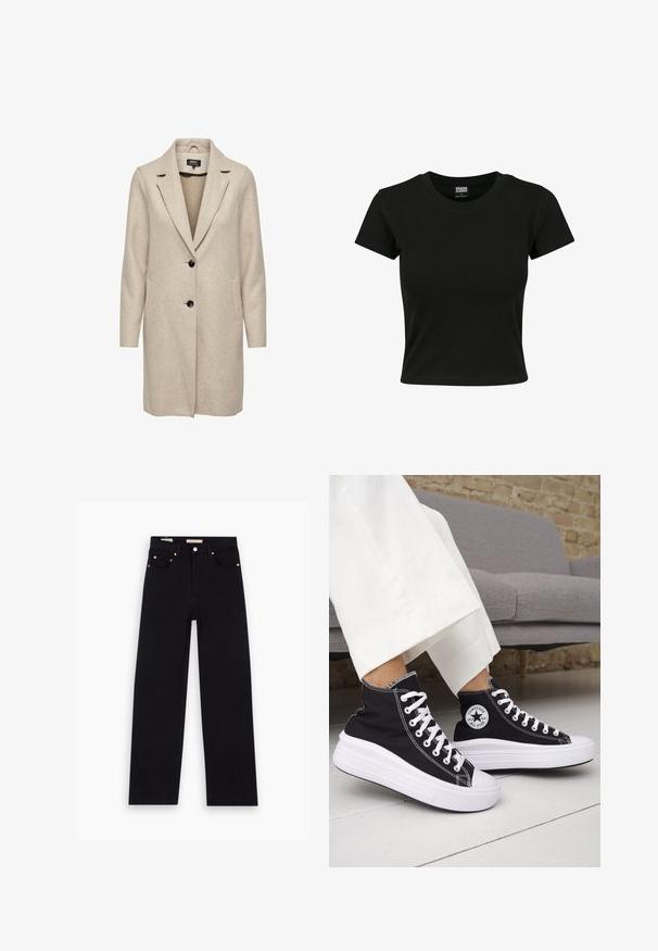 Beige uld-blend frakke med en skræddersyet design, med klapkrave, tre sorte knapper og to frontlommer. Lange ærmer og mellemlang længde.; Sort kortærmet t-shirt lavet af glat bomuldsstof, med rund halsudskæring og en tætsiddende pasform. Ingen synlige mønstre eller accenter.; Sorte denim jeans med lige pasform, fem lommer, kobberdetaljer og en glat tekstur. To mærker synlige på taljebåndet.; Sorte sneakers med højt skaft, hvide gummisåler og snørebånd. Har en rund logo-patch og kontrasterende hvide syninger. Fremstillet af lærredsmateriale.