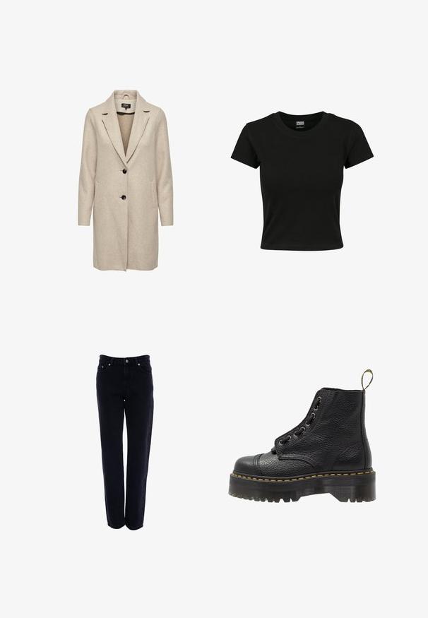 Beige uld-blend frakke med en skræddersyet design, med klapkrave, tre sorte knapper og to frontlommer. Lange ærmer og mellemlang længde.; Sort kortærmet t-shirt lavet af glat bomuldsstof, med rund halsudskæring og en tætsiddende pasform. Ingen synlige mønstre eller accenter.; Sorte denim jeans med lige bendesign, fem lomme stil og knaplukning. Materialet er robust med en glat overflade.; Sorte læder ankelstøvler med tekstureret overflade, rund tå, snørebåndsdesign, gule stikninger og en tyk, rillet sort platformsål.