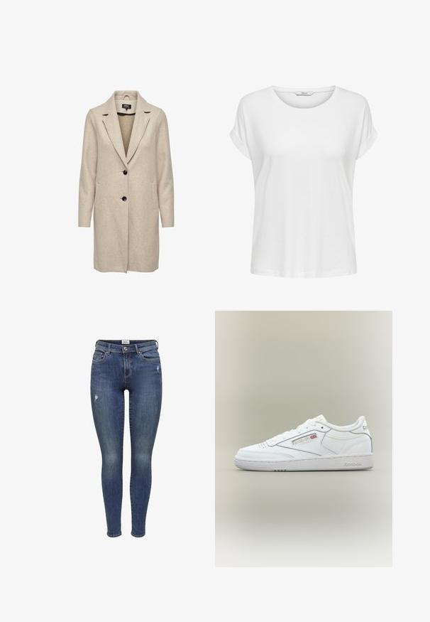 Beige uld-blend frakke med en skræddersyet design, med klapkrave, tre sorte knapper og to frontlommer. Lange ærmer og mellemlang længde.; Hvid kortærmet t-shirt lavet af blød bomuld. Har en rund halsudskæring og rullede ærmer. Enkel design uden mønstre eller accenter.; Blå skinny jeans med let slid på lårerne, frontlukning med knap og lynlås, for- og baglommer samt bæltestropper.; Hvid Reebok low-top sneaker med syningsdetaljer, perforeringer nær tæerne og Reebok-logo med et lille Union Jack på siden.