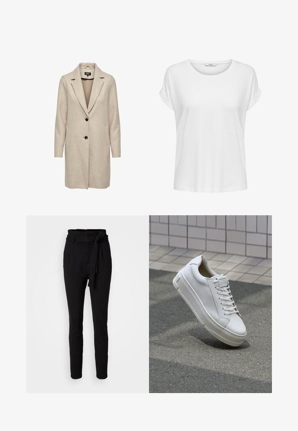 Beige uld-blend frakke med en skræddersyet design, med klapkrave, tre sorte knapper og to frontlommer. Lange ærmer og mellemlang længde.; Hvid kortærmet t-shirt lavet af blød bomuld. Har en rund halsudskæring og rullede ærmer. Enkel design uden mønstre eller accenter.; Sorte bukser med høj talje og en bælte detalje, der er bundet. Fremstillet af blødt stof, som har en glat tekstur og tætsiddende ben-design.; Hvide lædersneakers med lavt design, flade snører, rund tå og strukturerede sider. Tyk gummisål med diskrete detaljer.