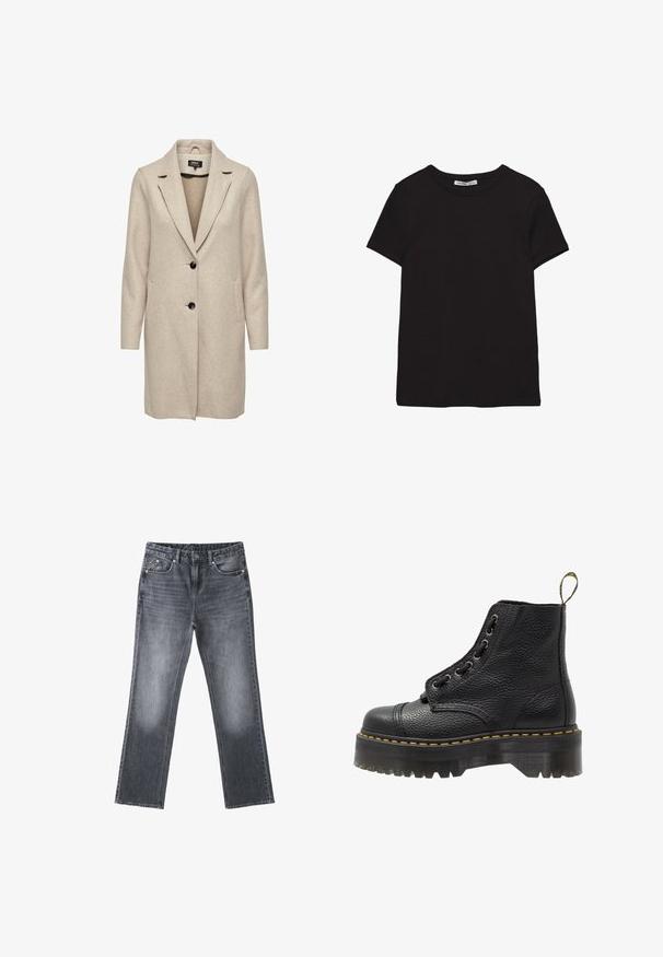Beige uld-blend frakke med en skræddersyet design, med klapkrave, tre sorte knapper og to frontlommer. Lange ærmer og mellemlang længde.; Sort kortærmet t-shirt i bomuld med rund halsudskæring, standard pasform og synlig indvendig halsmærkat.; Mørkegrå straight-leg denimjeans med falmet finish, frontknap og lynlås og fem-lomme stil på hvid baggrund.; Sorte læder ankelstøvler med tekstureret overflade, rund tå, snørebåndsdesign, gule stikninger og en tyk, rillet sort platformsål.