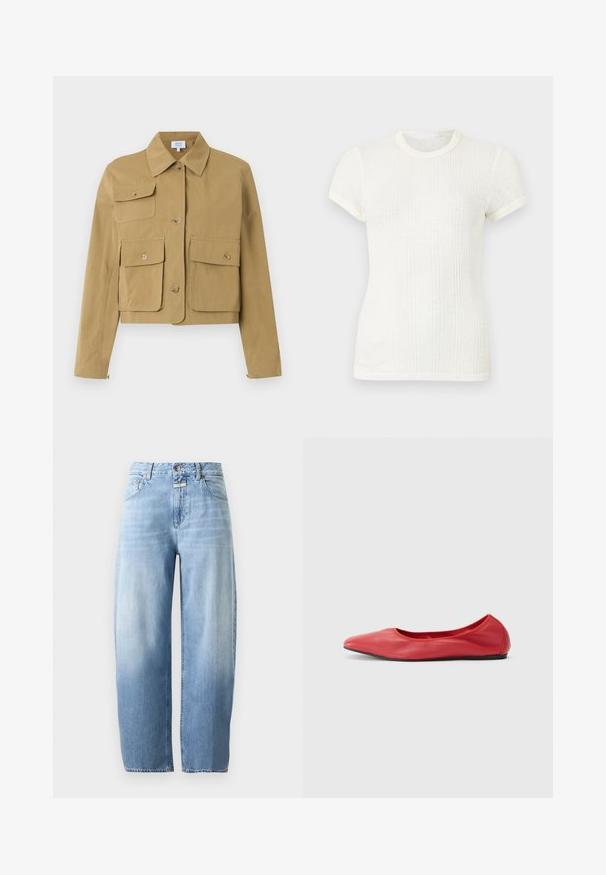 Veste courte beige avec fermeture boutonnée à l'avant, trois poches à rabat avec boutons, et un col classique.; T-shirt blanc en maille côtelée à manches courtes avec col rond et manches légèrement bouffantes.; Jean en denim bleu clair avec une taille haute, des jambes larges et droites, un bouton devant et des poches sur un fond uni.; Filippa K REY FLATS - Ballerines - bright red