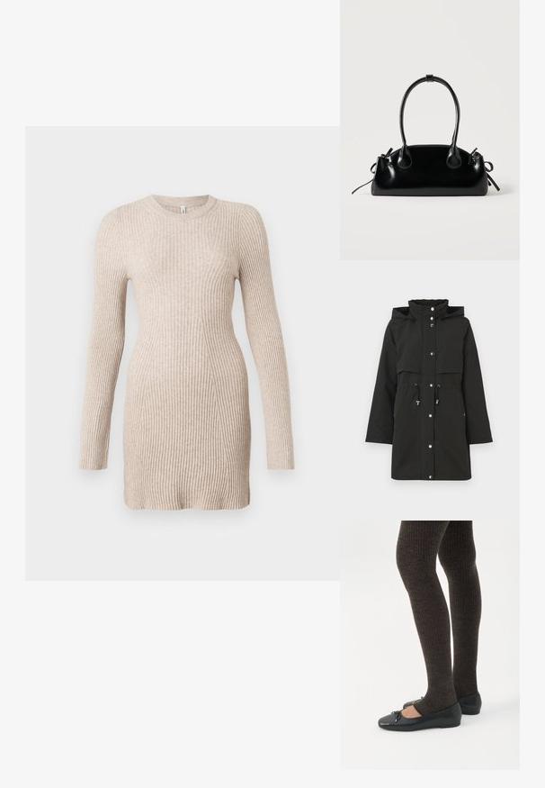 Veste noire imperméable avec capuche, taille ajustable par cordon, deux poches avant et fermetures éclair argentées.; Robe pull longue en tricot côtelé beige à manches longues, avec une taille cintrée et un col rond sur fond blanc.; Jambes portant des leggings côtelés foncés associés à des ballerines noires avec de petits détails en nœud sur fond blanc.; Petit sac à main noir brillant avec deux longues anses et des détails à cordon sur les côtés sur un fond clair uni.