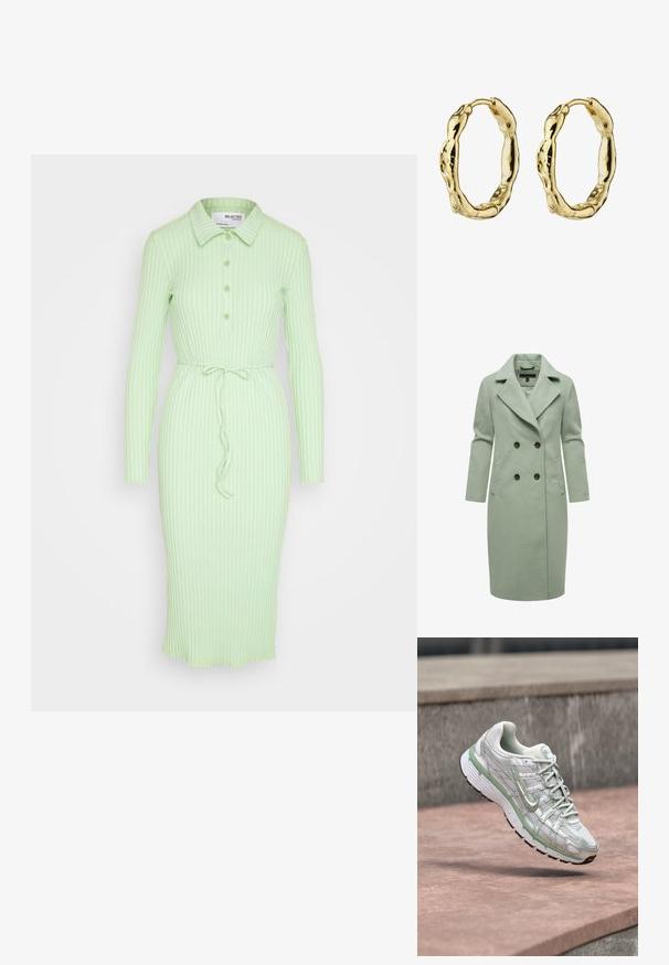 Svetlozelený kabát z vlnenej zmesi s dvojitým zapínaním, ktorý má klopový golier, dve predné vrecká a čierne gombíky.; Selected WILMA DRESS - Šaty do práce - pistachio green; Biela a svetlozelená teniska Nike vo vzduchu nad kamenným povrchom s rozostreným sivým kamenným pozadím.; Zlaté kruhové náušnice s textúrovaným, skrúteným dizajnom. Majú hladký povrch a bezpečné zapínanie.
