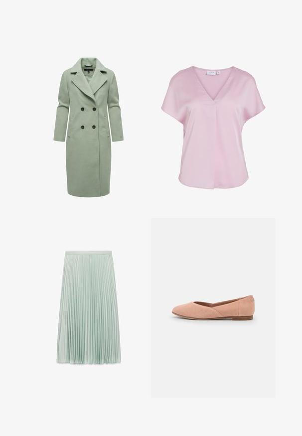 Lichtgroene wolblend jas met een dubbelzijdig ontwerp, voorzien van een opstaande kraag, twee borstzakken en zwarte knopen.; Lichtroze blouse met korte mouwen, V-hals en losse pasvorm, gemaakt van gladde stof, met een klein plooidetail aan de voorkant.; Plissé midi-rok in licht mintgroen met een getailleerde tailleband en fijne verticale plooien door de hele stof.; Lichtroze suède ballerina met een ronde neus, lage houten hak en een zijdetails. Eenvoudig ontwerp zonder zichtbare hardware.