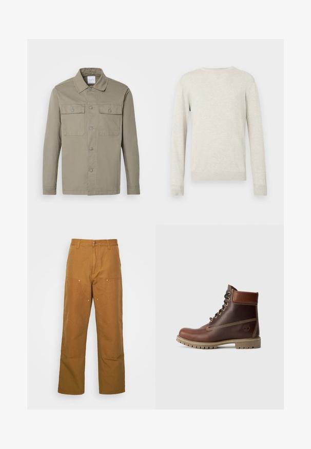 Chemise vert olive à manches longues avec col et deux poches poitrine à boutons, étalée à plat sur un fond clair.; Pull à col rond beige à manches longues avec des poignets et un ourlet en côte, présenté sur fond blanc uni.; Pantalons utilitaires en coton marron avec une coupe droite, dotés de poches avant et d'accents en métal pour une durabilité accrue.; Bottine en cuir marron à lacets, avec un col rembourré, des coutures contrastées et une semelle robuste, vue de l'extérieur sur un fond blanc.