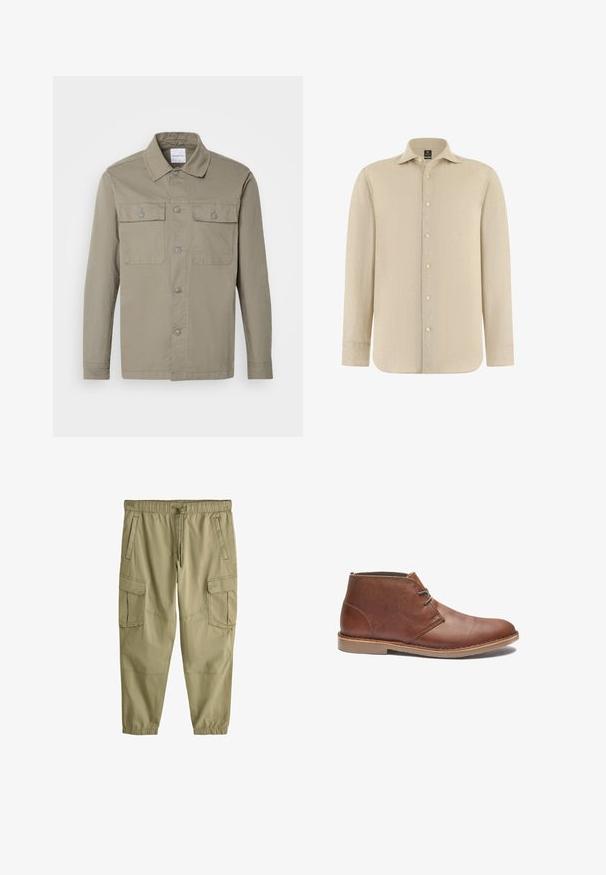Camisa de manga larga color verde oliva con cuello y dos bolsillos en el pecho con botones, extendida sobre un fondo claro.; Camisa beige de manga larga con botones, cuello puntiagudo, tela texturizada y puños estándar, mostrada sobre un fondo blanco.; Pantalones cargo de color verde oliva claro hechos de tela suave, con cintura elástica, cordón ajustable, múltiples bolsillos y puños elásticos.; Botas de cuero marrón hasta el tobillo con un diseño elegante, que cuentan con un lace sencillo, punta redondeada y suela de goma. Textura suave con acentos cosidos.