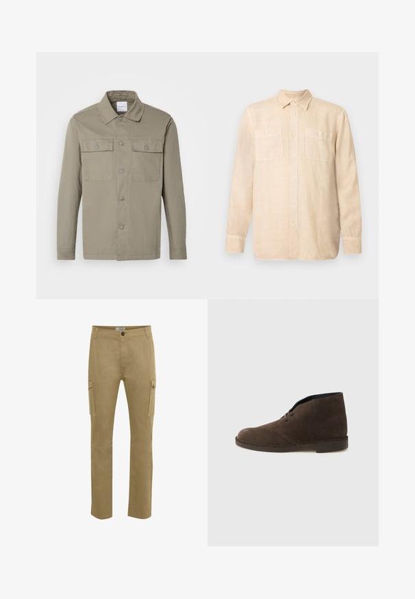 Langærmet skjorte i olivengrøn med krave og to brystlommer med knapper, lagt fladt på en lys baggrund.; Beige linnedragt med lange ærmer, knapper ned langs kraven, to brystlommer og knapper foran. Blød tekstur med en let fornemmelse.; Tan cargo bukser med lige pasform, lavet af holdbar bomuld. Har sidelommer, knappelukning og forstærkede knædetaljer.; Brun ruskindsankelstøvle med to huller, lav hæl og syet sål på en ensartet lysegrå baggrund.