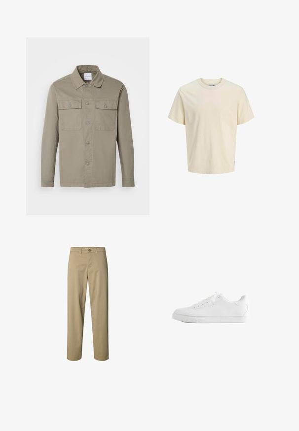 Langærmet skjorte i olivengrøn med krave og to brystlommer med knapper, lagt fladt på en lys baggrund.; Lyse beige bomulds T-shirt med rund hals, korte ærmer og en afslappet pasform. Har minimal branding nær sømmen. Glat tekstur.; Beige bukser med lige ben med knap- og lynlåslukning, bæltestropper og uden synlige lommer, vist på en hvid baggrund.; Hvid lavtop sneakers med snørebånd, glat læderoverdel og flad gummiå sole set fra siden på en hvid baggrund.