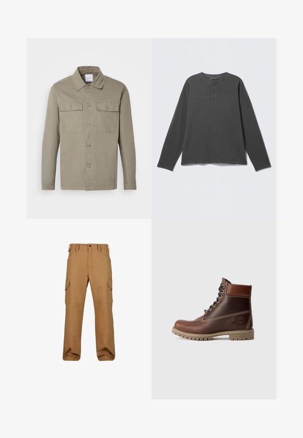 Langærmet skjorte i olivengrøn med krave og to brystlommer med knapper, lagt fladt på en lys baggrund.; Mørkegrå langærmet henley-shirt med rund halsudskæring og tre knapper på frontpladen.; Brune cargo bukser lavet af slidstærkt stof, med flere lommer, en afslappet pasform og forstærkede syninger.; Brun læder snørebånd ankelstøvle med polstret krave, kontrastsyning og robust sål, vist fra ydersiden på en hvid baggrund.