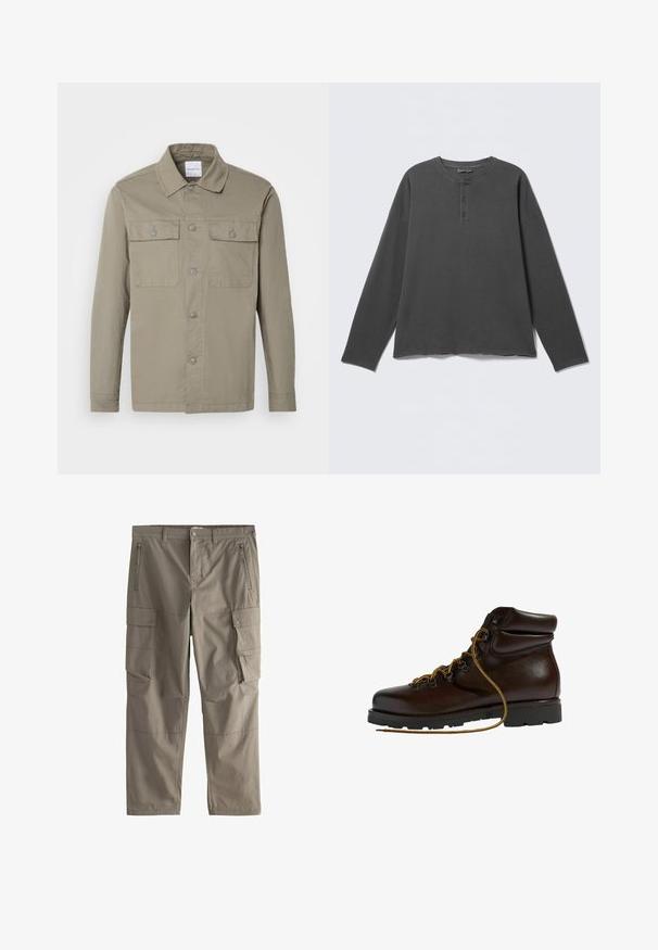 Langærmet skjorte i olivengrøn med krave og to brystlommer med knapper, lagt fladt på en lys baggrund.; Mørkegrå langærmet henley-shirt med rund halsudskæring og tre knapper på frontpladen.; Khaki cargobukser med bæltestropper, lynlåslommer foran, sidelommer med trykknapper og lige ben.; Brun læder vandrestøvle med en afrundet tå, tekstureret overflade, gule snørebånd og metaløjer. Har en robust sort gummisål.