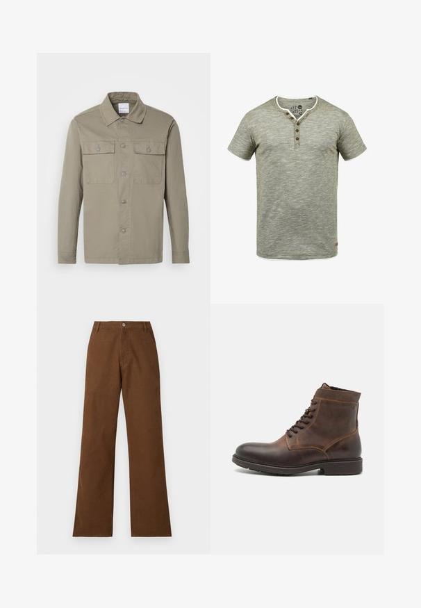 Chemise vert olive à manches longues avec col et deux poches poitrine à boutons, étalée à plat sur un fond clair.; T-shirt à manches courtes, vert olive, en tissu texturé. Dispose d'un col blanc, d'une patte de boutonnage à trois boutons, et d'une petite étiquette de marque sur l'ourlet.; Pantalons en coton marron avec une coupe droite, fermeture à bouton et deux poches avant. Texture lisse sans motifs ni embellissements visibles.; Jack & Jones JFWDELANEY BOOT - Bottines à lacets - cognac