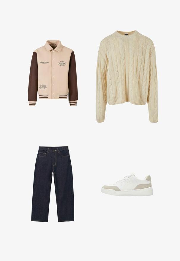 Beige og brun jakke med knapfront, krave, broderet tekst og stribede manchetter. Fremstillet af blødt stof, med dekorative lapper.; Cremefarvet strikket sweater med et kabelmønster, rund hals og ribbede manchetter og kant. Fremstillet af blødt, struktureret stof.; Mørkeblå denimbukser med løs pasform, med gyldne syninger, frontknaplukning og to sidelommer.; Lavtop hvid sneaker med beige ruskindsdetaljer, snørelukning og tyk hvid sål, vist fra ydersiden på hvid baggrund.