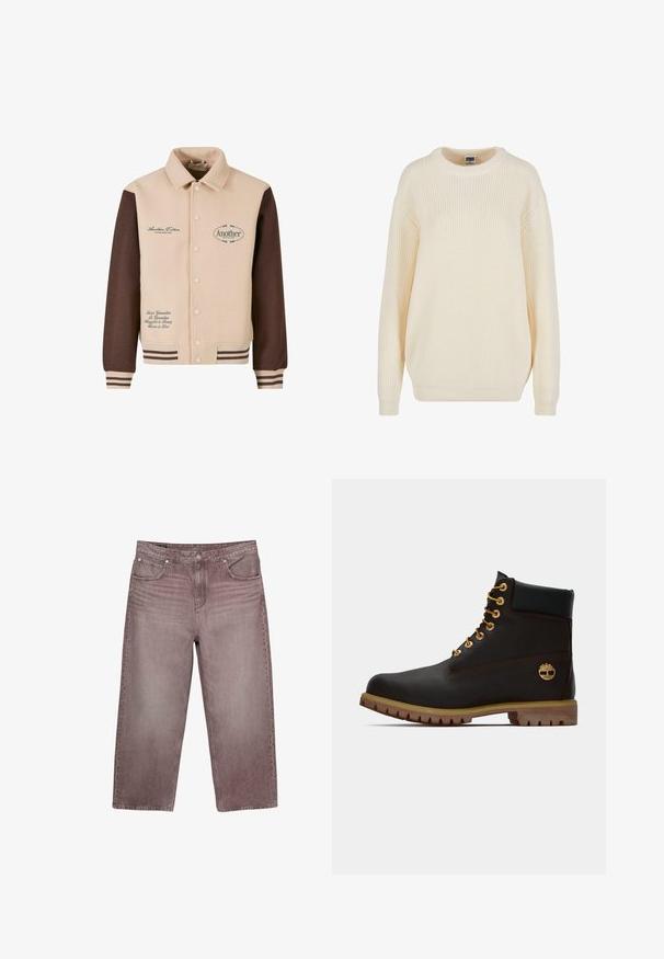 Beige og brun jakke med knapfront, krave, broderet tekst og stribede manchetter. Fremstillet af blødt stof, med dekorative lapper.; Crèmeligt ribbet sweater med rund halsudskæring, sænkede skuldre og afslappet pasform; har struktureret strik og ribbede manchetter.; Straight-leg crop jeans i falmet mauve med knaplukning foran, lynlås og fem-lomme design, vist på hvid baggrund.; Sorte læder ankelstøvle med gyldne øjer, brune detaljer og gummisål. Har en polstret krave og præget logo på siden.