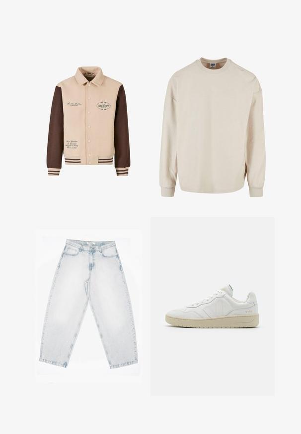 Beige en bruine jas met knopen aan de voorkant, met een kraag, geborduurde tekst en gestreepte mouwen. Gemaakt van zachte stof, met decoratieve patches.; Beige geribbelde sweatshirt met lange mouwen en een ronde halslijn, met verlaagde schouders en geribbelde manchetten. Zachte textuur en een ontspannen pasvorm.; Lichtgewassen spijkerbroek met een hoge taille, rechte, wijde pijpen, knoop- en ritssluiting en voor- en achterzakken.; Witte leren sneakers met een gestructureerde afwerking en een gevoerde kraag. Voorzien van een beige rubberen zool en subtiele branding op de hiel en zijkant.