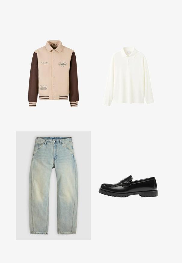 Beige og brun jakke med knapfront, krave, broderet tekst og stribede manchetter. Fremstillet af blødt stof, med dekorative lapper.; Langærmet poloshirt i off-white bomuld, med klassisk krave, tre-knaps lukning og en afslappet pasform uden synlige mønstre.; Lys blå jeans med vide ben lavet af denim. Har fem lommer, en knaplukning og falmede områder for et brugt udseende.; Sort læderloafer med en kraftig gummisål og klassiske penny-strap detaljer, vist fra ydersiden.