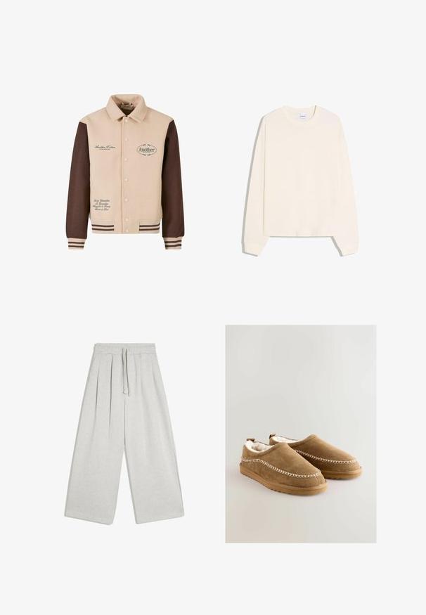 Beige og brun jakke med knapfront, krave, broderet tekst og stribede manchetter. Fremstillet af blødt stof, med dekorative lapper.; Kremfarvet langærmet sweatshirt med rund halsudskæring, ribstrikkede manchetter og en let cropped kant. Fremstillet af blødt bomuldsmateriale.; Lysegrå bukser med vide ben, elastisk talje og snøre, med fordele plisseringer og en afslappet pasform.; Tan ruskind slip-on sko med blød kunstpelsfor, dekorativ hvid stikning langs siderne og skridsikre gummisåler.